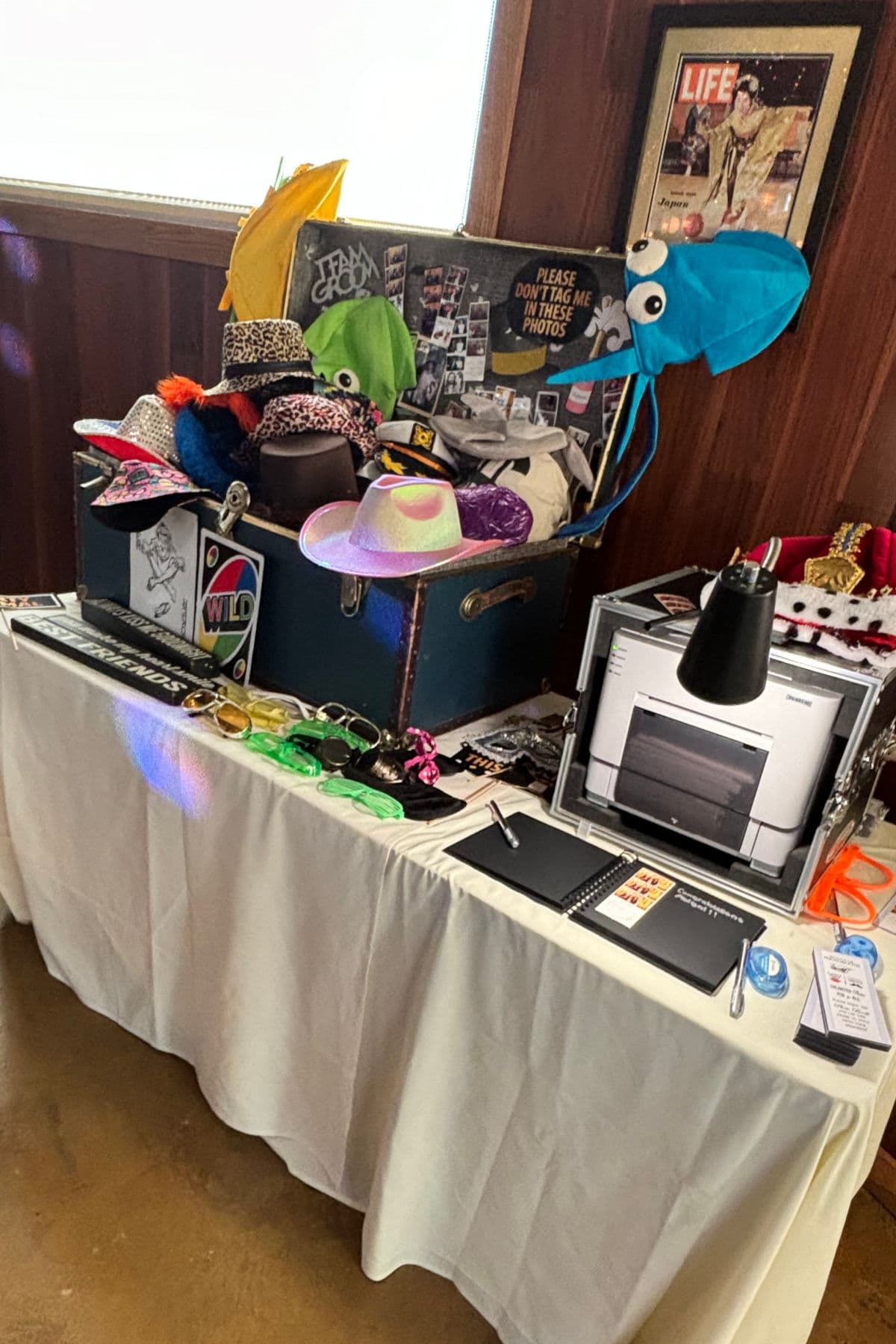 Prop trunk and printer on a 6-foot table