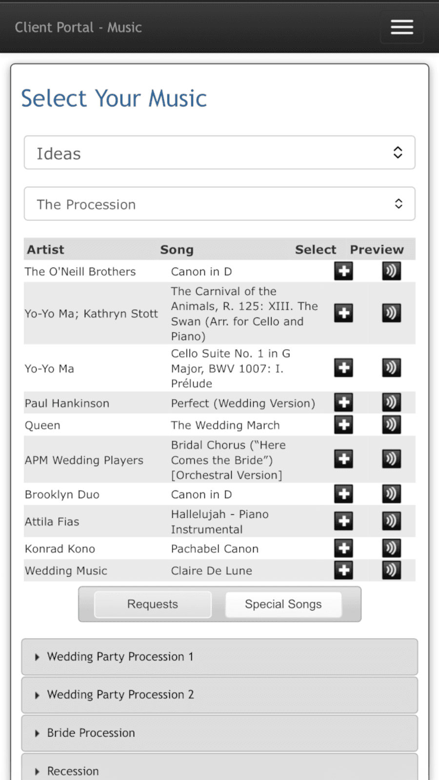 Wedding planning portal on mobile
