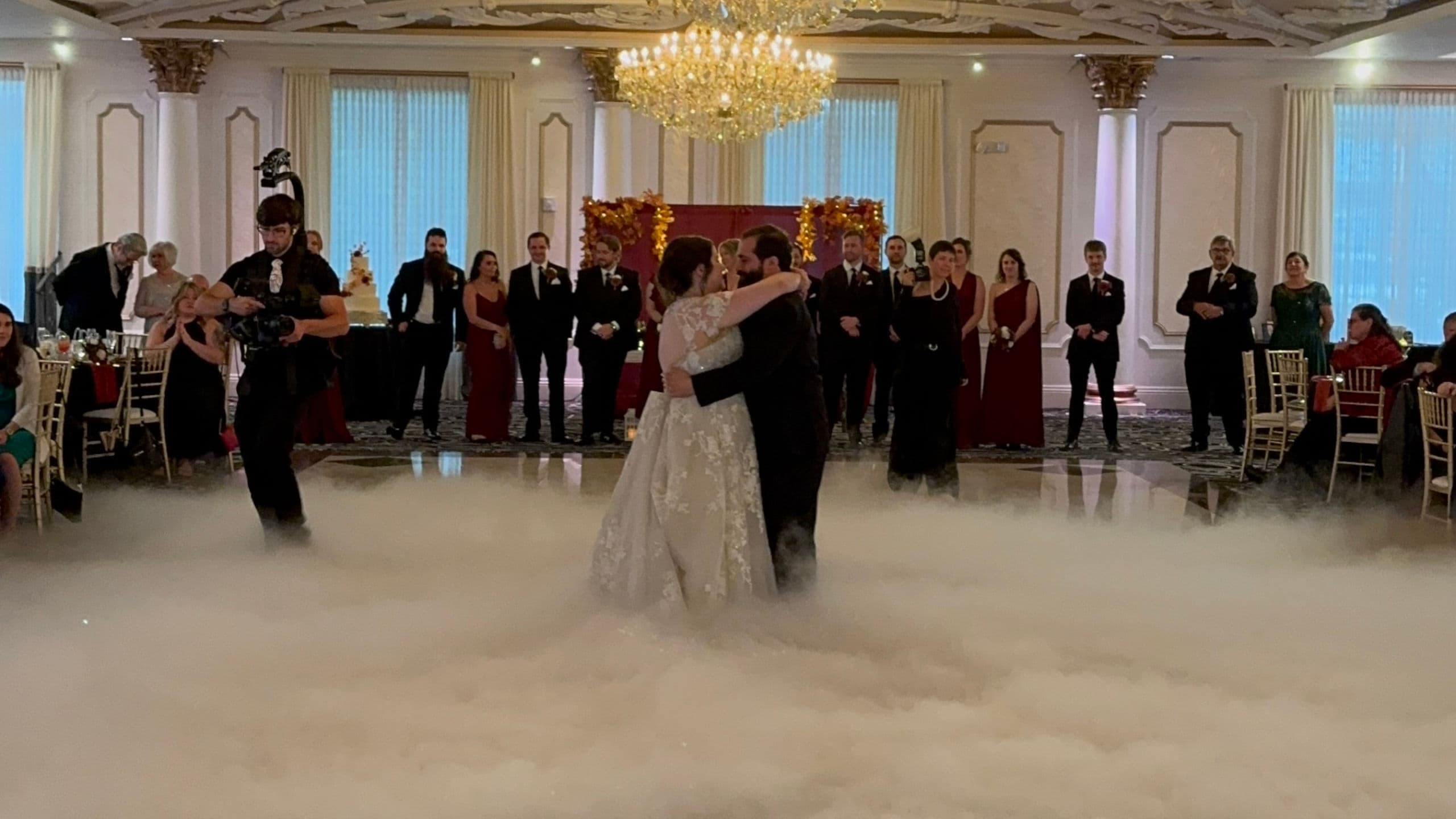 A reception room lit up with color and effects